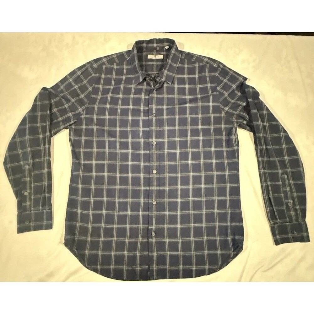 7 For All Mankind Men’s Plaid Button Down‎ Shirt Long Sleeve Navy Grey Large